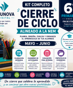 Gráfico promocional del kit de fin de ciclo para 6º curso de Edunova Digital. Incluye libros, lápices, iconos de recursos educativos y texto sobre herramientas de planificación, actividades, evaluación y portafolio para profesores.