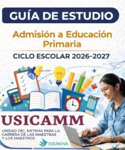 Mujer joven estudiando frente a una computadora portátil, rodeada de libros, útiles escolares y una lámpara, sobre un fondo promocional que dice "Guía de Estudio Admisión a Educación Primaria Ciclo Escolar 2026-2027 USICAMM".