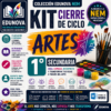 Cartel promocional del "Kit Cierre de Ciclo Artes" de Edunova para alumnos de 1º de secundaria, con coloridos materiales artísticos, iconos y texto sobre recursos educativos creativos para el nuevo sistema escolar mexicano.