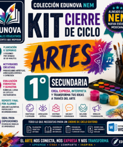 Cartel promocional del "Kit Cierre de Ciclo Artes" de Edunova para alumnos de 1º de secundaria, con coloridos materiales artísticos, iconos y texto sobre recursos educativos creativos para el nuevo sistema escolar mexicano.