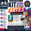 Colorido póster educativo para el kit de cierre del ciclo de secundaria de 3º curso sobre artes. Presenta una lista de beneficios, actividades y habilidades, con una imagen lateral de una niña y elementos artísticos. El texto hace hincapié en la creatividad, el análisis y la expresión.