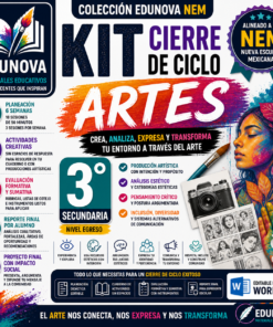 Colorido póster educativo para el kit de cierre del ciclo de secundaria de 3º curso sobre artes. Presenta una lista de beneficios, actividades y habilidades, con una imagen lateral de una niña y elementos artísticos. El texto hace hincapié en la creatividad, el análisis y la expresión.