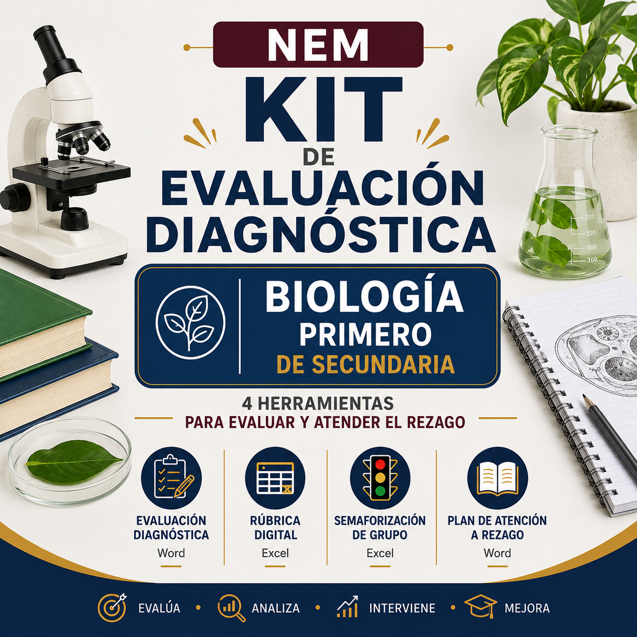 Kit de Evaluación Diagnóstica NEM Biología 1° de Secundaria 2026-2027 | 4 Herramientas para Evaluar y Atender el Rezago | Word y Excel Editable 1 Kit de Evaluación Diagnóstica NEM Biología 1° de Secundaria 2026-2027 | 4 Herramientas para Evaluar y Atender el Rezago | Word y Excel Editable