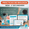 Gráfico promocional de "Prácticas de Biología" para alumnos de 1º de Bachillerato. Enumera experimentos, guías del profesor y presentaciones editables, con imágenes de temática biológica y el logotipo de Edunova. El texto está en español.