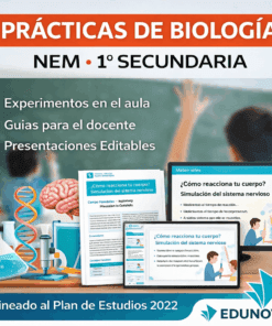 Gráfico promocional de "Prácticas de Biología" para alumnos de 1º de Bachillerato. Enumera experimentos, guías del profesor y presentaciones editables, con imágenes de temática biológica y el logotipo de Edunova. El texto está en español.