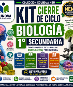 Cartel promocional de un kit de biología para secundaria, con coloridos iconos de órganos, una planta, un microscopio e ilustraciones del cerebro. El texto destaca los recursos educativos alineados con el currículo escolar mexicano.