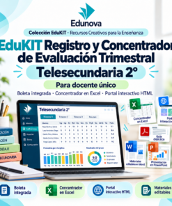 Gráfico promocional de EduKIT, kit digital para la evaluación trimestral de 2.º de Telesecundaria, que incluye hojas de Excel, portales HTML y materiales.