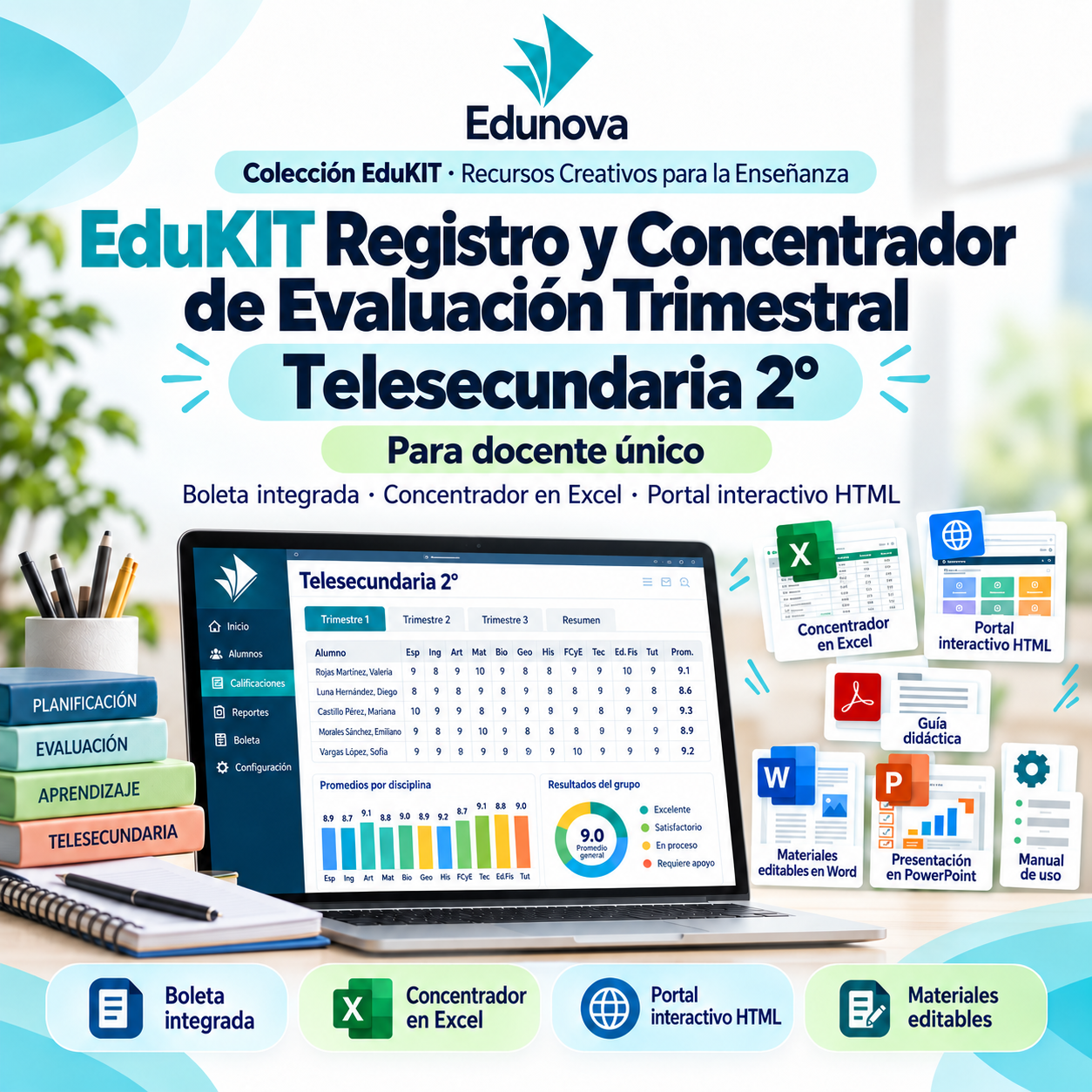 Evaluación Trimestral Telesecundaria 2° | Registro y Concentrador NEM 1 Gráfico promocional de EduKIT, kit digital para la evaluación trimestral de 2.º de Telesecundaria, que incluye hojas de Excel, portales HTML y materiales.