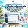 Gráfico de EduKIT Telesecundaria 3.º con ordenador portátil, herramientas de evaluación, planificación escolar e iconos educativos.
