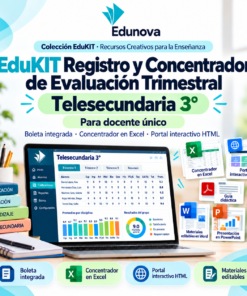 Gráfico de EduKIT Telesecundaria 3.º con ordenador portátil, herramientas de evaluación, planificación escolar e iconos educativos.