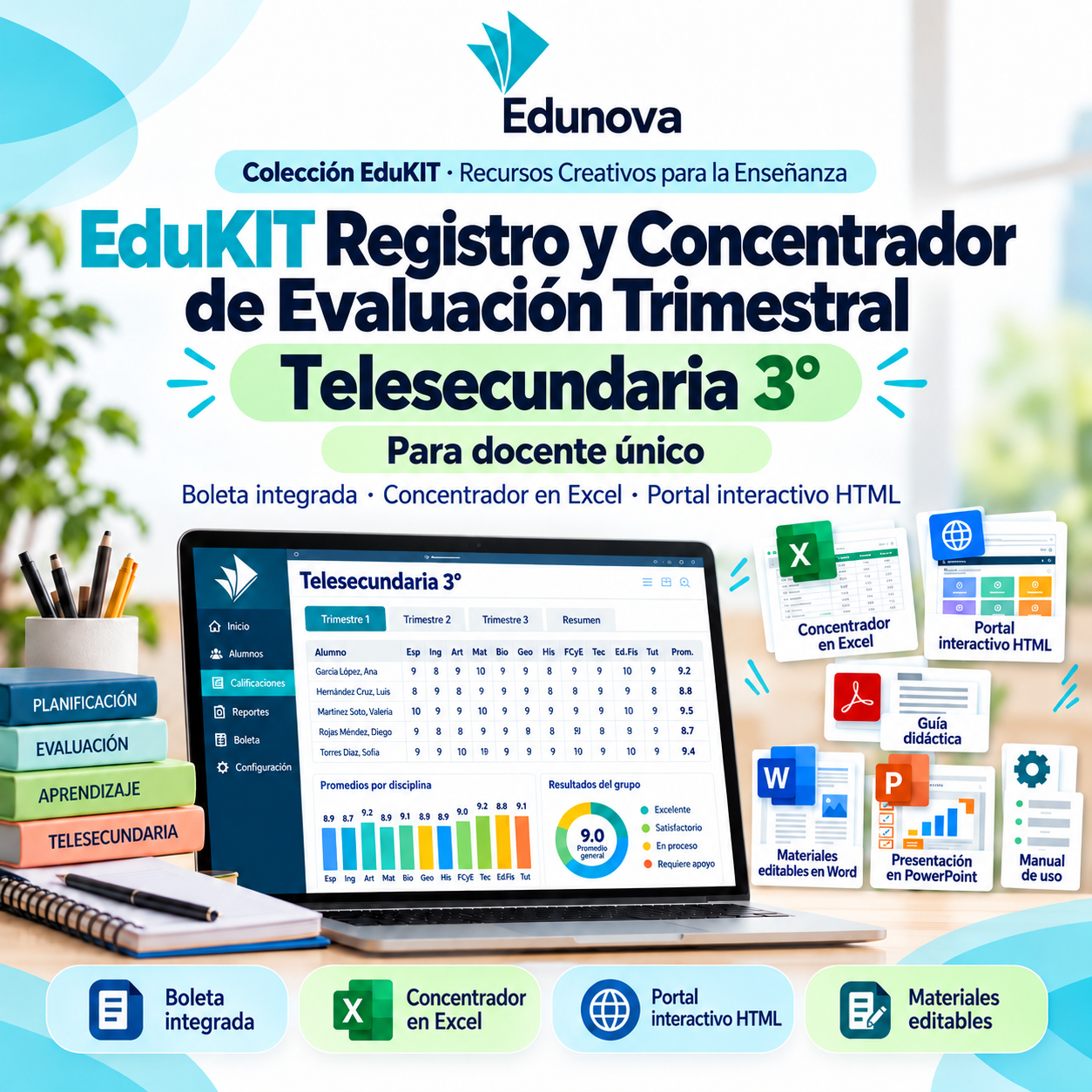 EduKIT Evaluación Trimestral Telesecundaria 3° | Registro y Concentrador NEM 1 Gráfico de EduKIT Telesecundaria 3.º con ordenador portátil, herramientas de evaluación, planificación escolar e iconos educativos.