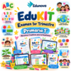 Póster educativo a todo color para 1.º de primaria con recursos, la familia, figuras, emociones, sentidos y herramientas de aprendizaje.