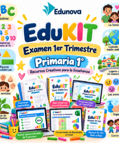 Póster educativo a todo color para 1.º de primaria con recursos, la familia, figuras, emociones, sentidos y herramientas de aprendizaje.