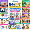 Póster educativo a todo color para cuarto de primaria con ilustraciones infantiles y temas de matemáticas, historia y geografía.