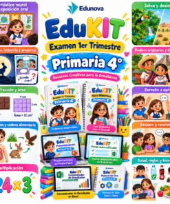 Póster educativo a todo color para cuarto de primaria con ilustraciones infantiles y temas de matemáticas, historia y geografía.