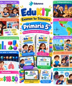 Cartel educativo a todo color para quinto de primaria con niños animados y libros de EduKIT sobre decimales, geometría y lectura.