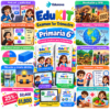 Cartel educativo a todo color para sexto curso con ilustraciones de niños, temas escolares y ofertas destacadas.