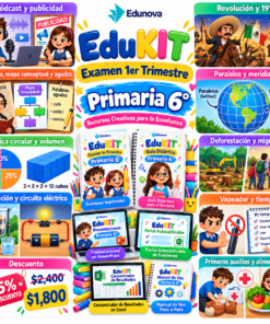Cartel educativo a todo color para sexto curso con ilustraciones de niños, temas escolares y ofertas destacadas.