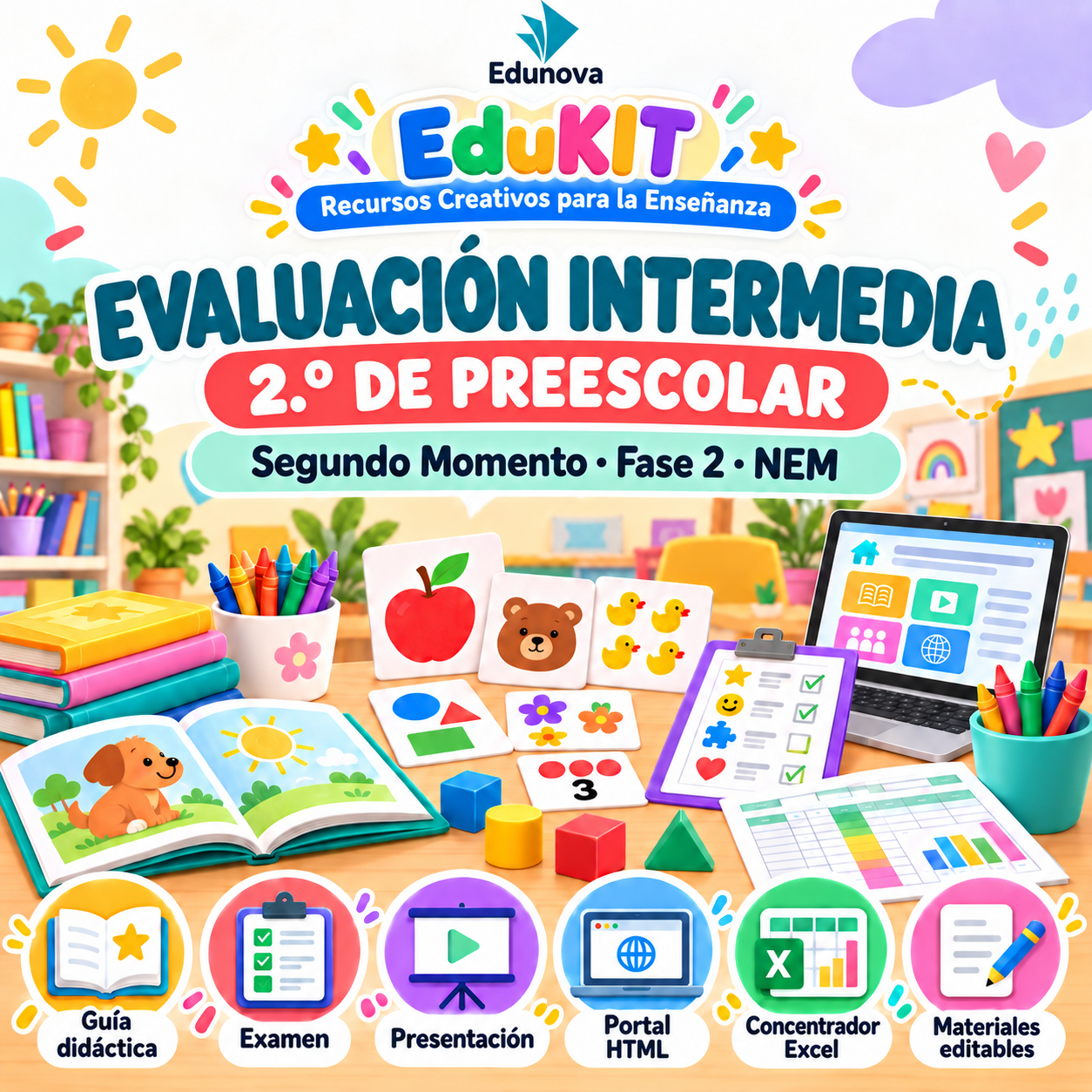 EduKIT Evaluación Intermedia Preescolar 2° | Segundo Momento NEM Fase 2 1 Material educativo colorido para segundo de preescolar: libros, fichas de trabajo, iconos y kit de evaluación intermedia.