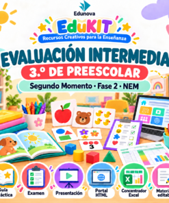 Material educativo para la evaluación en educación infantil, fichas, guías didácticas y herramientas digitales con un fondo de colores.