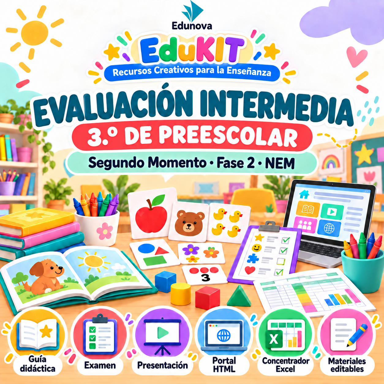 EduKIT Evaluación Intermedia Preescolar 3° | Segundo Momento NEM Fase 2 1 Material educativo para la evaluación en educación infantil, fichas, guías didácticas y herramientas digitales con un fondo de colores.