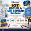 Cartel promocional del kit Edunova para colegios sin móviles, con material escolar e iconos educativos sobre un escritorio.