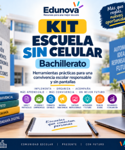 Cartel promocional del kit Edunova para colegios sin móviles, con material escolar e iconos educativos sobre un escritorio.