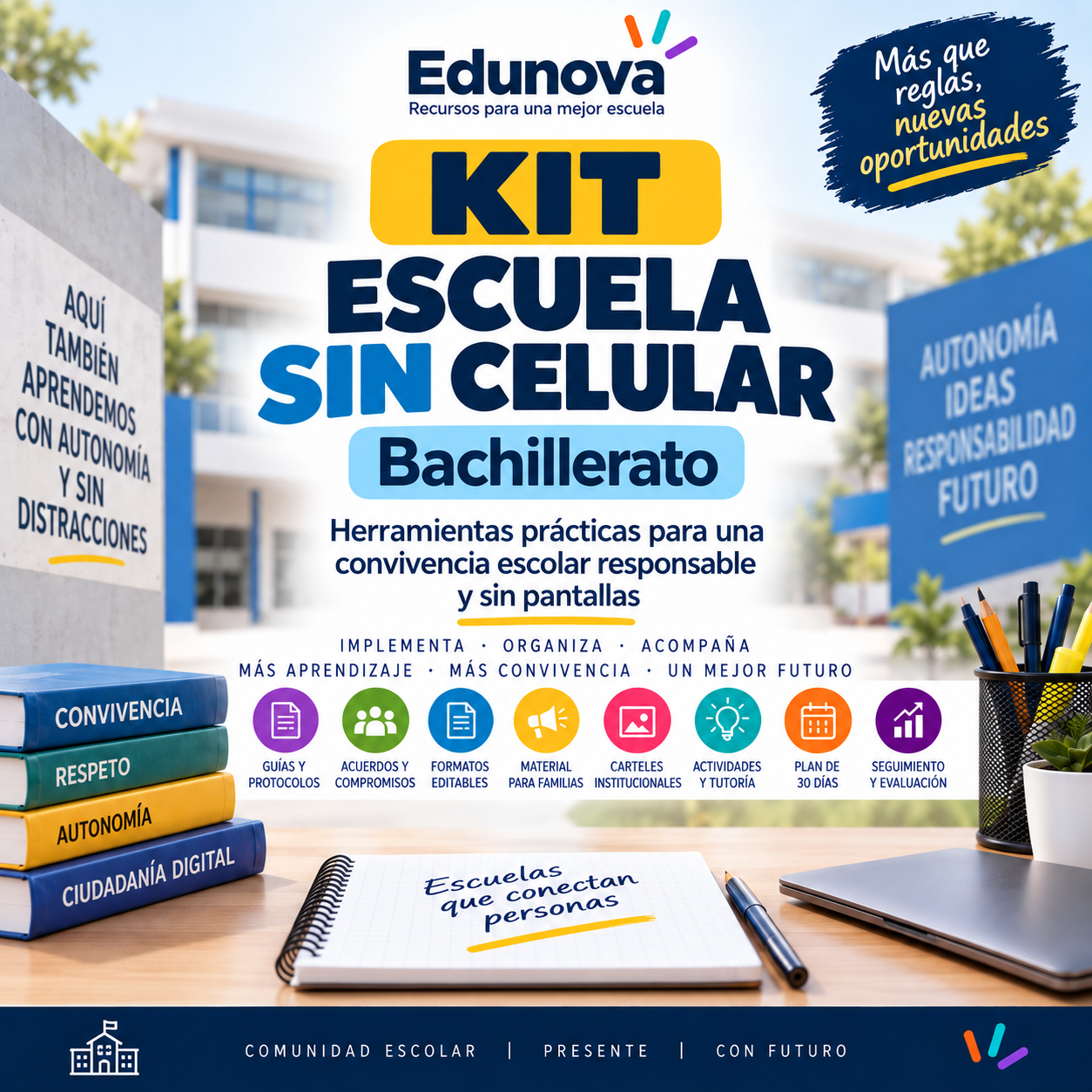 EduKIT Uso Responsable del Celular en Bachillerato | Reglamento, Consulta, Protocolos y Portal 1 Cartel promocional del kit Edunova para colegios sin móviles, con material escolar e iconos educativos sobre un escritorio.
