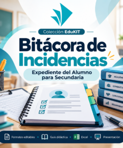 Cuaderno «Bitácora de incidencias» sobre el escritorio, junto con las carpetas y el material del kit de seguimiento académico para secundaria.