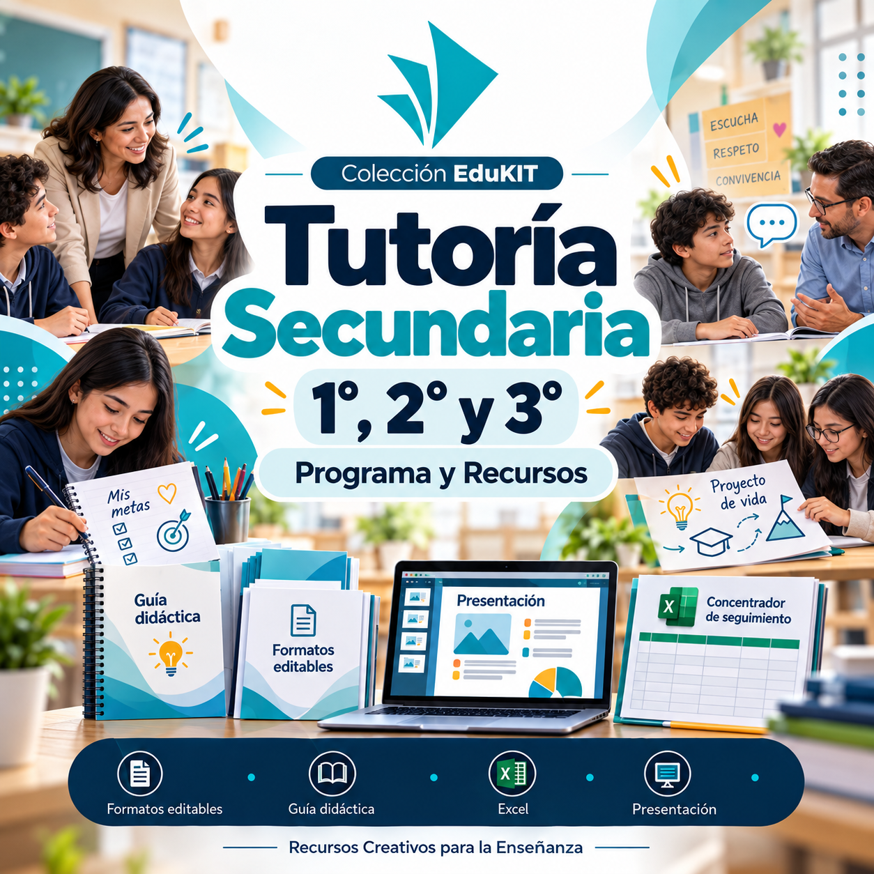 EduKIT Tutoría Secundaria 1°, 2° y 3° | Programa, Sesiones y Recursos Editable 1 Los alumnos y los profesores participan en actividades en grupo e individuales con libros, ordenadores portátiles y materiales creativos para las clases particulares.