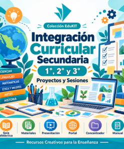 Póster educativo a todo color para secundaria, con libros, gráficos y dispositivos digitales relacionados con las asignaturas y los recursos escolares.