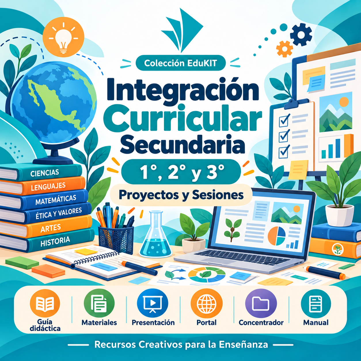 EduKIT Integración Curricular Secundaria 1°, 2° y 3° | Proyectos Interdisciplinarios y Sesiones 1 Póster educativo a todo color para secundaria, con libros, gráficos y dispositivos digitales relacionados con las asignaturas y los recursos escolares.