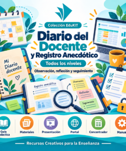 Recursos EduKIT: Diario del profesor y registro anecdótico con cuaderno, portátil, portapapeles e iconos de gestión escolar.