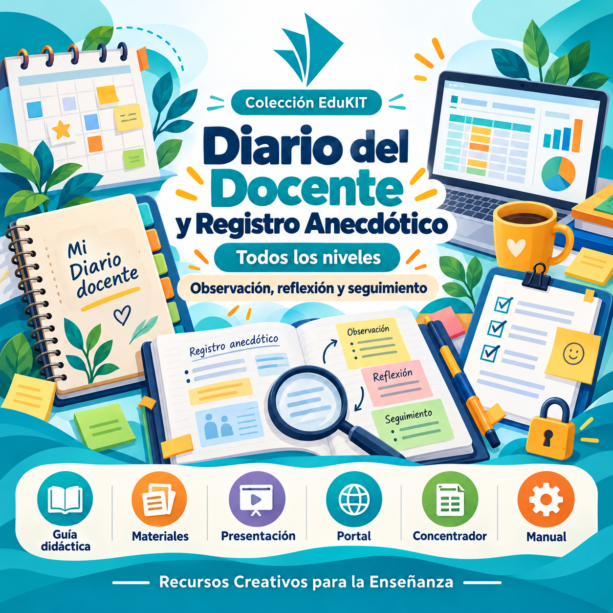 EduKIT Diario del Docente y Registro Anecdótico | Preescolar, Primaria, Secundaria y Bachillerato 1 Recursos EduKIT: Diario del profesor y registro anecdótico con cuaderno, portátil, portapapeles e iconos de gestión escolar.