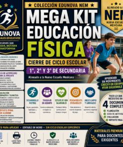 Cartel promocional del "Mega Kit Educación Física" con iconos, fotos de alumnos y texto descriptivo de los contenidos del kit para secundaria, alineado al sistema educativo mexicano, con beneficios y opciones de acceso digital.