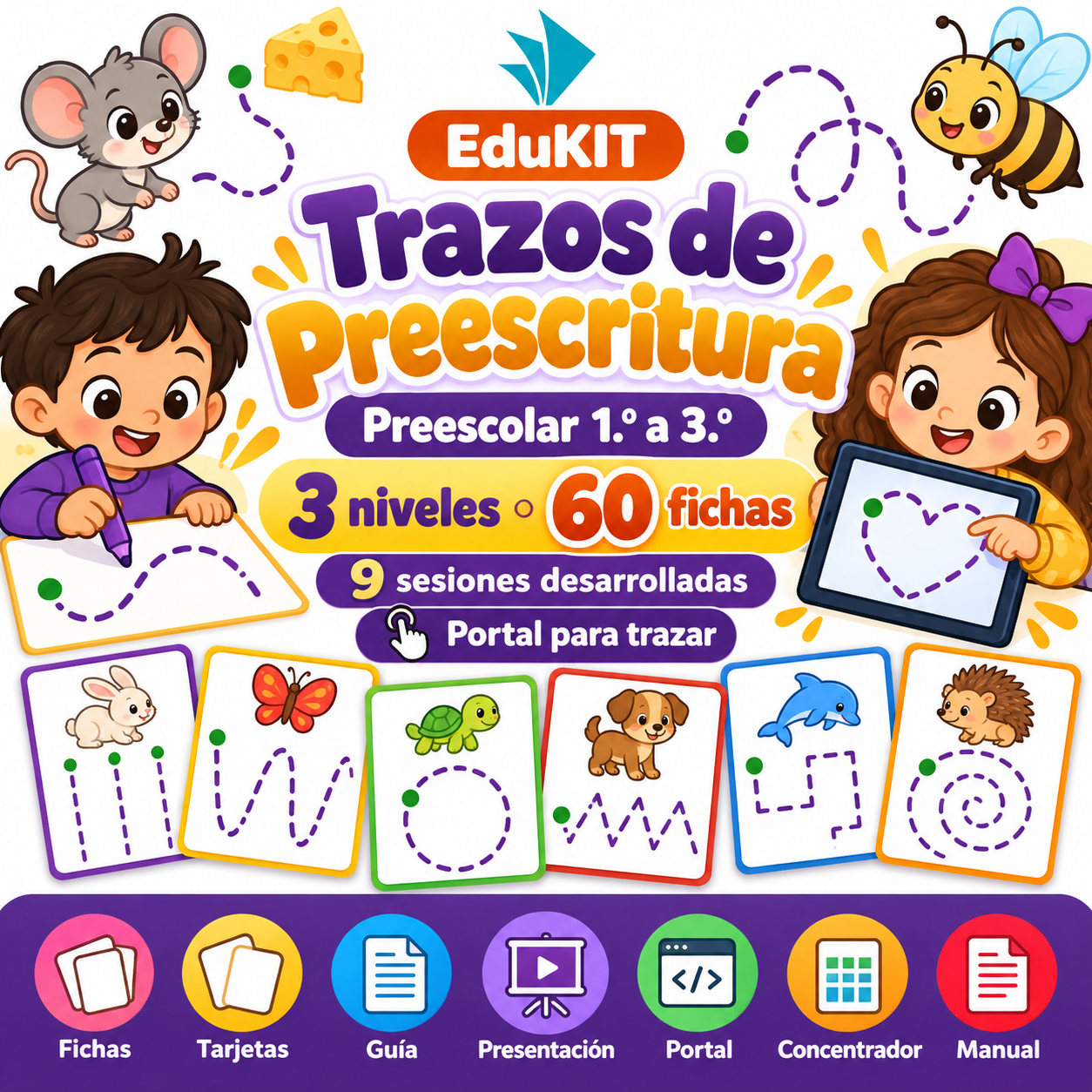 EduKIT Trazos de Preescritura para Preescolar | 60 Fichas, 3 Niveles, 12 Laberintos y Portal para Trazar 1 EduKIT Trazos de Preescritura para Preescolar | 60 Fichas, 3 Niveles, 12 Laberintos y Portal para Trazar