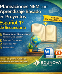 Gráfico promocional de "Planeaciones NEM con Aprendizaje Basado en Proyectos" para 1º de Secundaria Español, en el que se destacan formatos editables, listas de control y funciones como la planificación mensual, rúbricas y actividades.