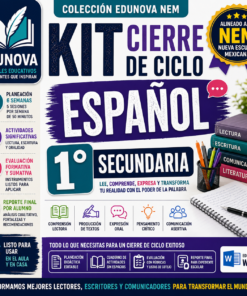 Gráfica promocional del "Kit Cierre de Ciclo Español 1° Secundaria" de Edunova, que muestra características como planeación, evaluaciones, lectura, escritura y acceso digital, alineadas con el modelo educativo mexicano.