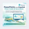 Gráfico promocional de los PowerPoints de Edunova en español para primero de secundaria, con libros, un lápiz, papeles y un portátil abierto. El texto destaca actividades didácticas y proyectos alineados con el currículo 2022.
