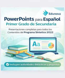 Gráfico promocional de los PowerPoints de Edunova en español para primero de secundaria, con libros, un lápiz, papeles y un portátil abierto. El texto destaca actividades didácticas y proyectos alineados con el currículo 2022.