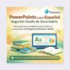 Imagen promocional de los PowerPoints de Edunova para español, segundo curso de secundaria, con libros, lápices y un ordenador sobre fondo pastel. El texto destaca actividades didácticas y proyectos para el currículo 2022.