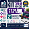 Imagen promocional de un kit de cierre de ciclo de Español para 2º de secundaria, alineado a la NEM, destacando planeación, exámenes, actividades, y recursos digitales. Diseño colorido con íconos y textos explicativos.
