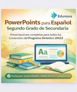 Imagen promocional de los PowerPoints de Edunova para español, segundo curso de secundaria, con libros, lápices y un ordenador sobre fondo pastel. El texto destaca actividades didácticas y proyectos para el currículo 2022.
