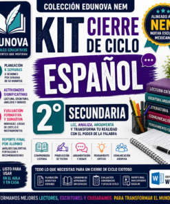 Imagen promocional de un kit de cierre de ciclo de Español para 2º de secundaria, alineado a la NEM, destacando planeación, exámenes, actividades, y recursos digitales. Diseño colorido con íconos y textos explicativos.