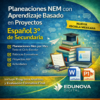 Imagen promocional del plan de estudios español de 3º de secundaria de Edunova Digital. Presenta libros, un ordenador portátil y un texto de gran tamaño que destaca el aprendizaje basado en proyectos, materiales editables y la planificación de las clases mes a mes.