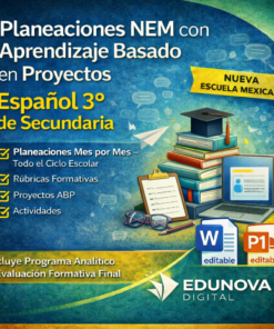 Imagen promocional del plan de estudios español de 3º de secundaria de Edunova Digital. Presenta libros, un ordenador portátil y un texto de gran tamaño que destaca el aprendizaje basado en proyectos, materiales editables y la planificación de las clases mes a mes.
