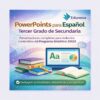 Un colorido anuncio de "PowerPoints para Español Tercer Grado de Secundaria" de Edunova, con libros, un portátil e iconos. El texto destaca las actividades didácticas, los proyectos y el contenido del programa 2022.