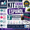 Gráfica promocional para un kit de español para estudiantes de 3er grado de secundaria, con íconos y texto sobre habilidades de lectura, escritura y argumentación, alineado con el modelo educativo mexicano.