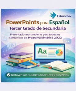Un colorido anuncio de "PowerPoints para Español Tercer Grado de Secundaria" de Edunova, con libros, un portátil e iconos. El texto destaca las actividades didácticas, los proyectos y el contenido del programa 2022.