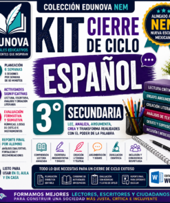 Gráfica promocional para un kit de español para estudiantes de 3er grado de secundaria, con íconos y texto sobre habilidades de lectura, escritura y argumentación, alineado con el modelo educativo mexicano.